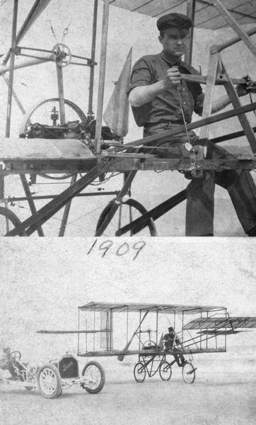 Carl Bates in his airplane. The bottom half of the card shows the beginning of a race between Bates' invention and an automobile. Bates was from Clear Lake, Iowa, where he experimented with gliders. He made the first flying "hop" in his invention while living in Chicago, thus becoming both the first Iowan and the first Chicagoan to fly.