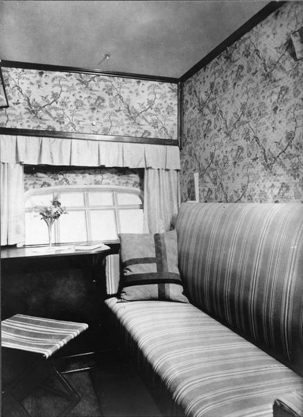 A passenger cabin on the Graf Zeppelin (LZ-127), a luxurious German-built airship. The Graf Zeppelin was taken out of service about a month after the Hindenberg disaster in 1937, briefly converted into a museum, and intentionally destroyed by the Germans during World War II.