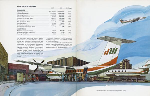 Illustration from the annual report of Air Wisconsin, the first publicly held airline in the country.  Air Wisconsin began in Appleton in 1963 after North Central Airlines terminated service to Outagamie County Airport.  Air Wisconsin was organized by a group of local businessmen who sold stock to launch the new airline.  Originally known as Fox Cities Airline, by the time of its first flight the name had been changed to Air Wisconsin.  Service began with daily runs to Chicago, and gradually expanded to include flights from Pennsylvania to Minneapolis.  At its peak, Air Wisconsin carried over 700,000 passengers a year.  United Airlines purchased Air Wisconsin and merged it into its United Express service.
The 1978 annual report illustrates a deHavilland Dash 7 which was to begin service in 1979.  Air Wisconsin began in 1965 with two nine-passenger deHavilland Doves.