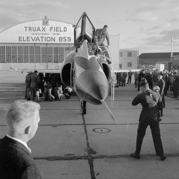 The first F-102 jet arrives at Truax Field.