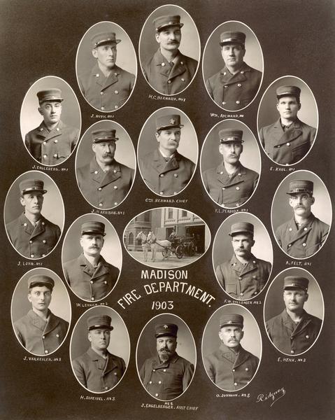 Group portrait of the Madison Fire Department, consisting of 17 individual oval portraits and the station on Webster Street.