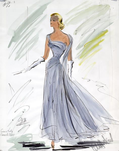 Costume sketch of a blue evening gown created for Grace Kelly in "To Catch a Thief" (Paramount, 1955).

Watercolor wash over a graphite sketch on paper.  Initialed by the sketch artist and signed by the designer.  Labled as #2 in the top left hand corner.  Approval information attached: [Approved by producer and director Mr. Hitchcock.  Accessories:  shoes $30, hose $12, gloves $30, brassiere $15, corset $35, total cost $122.  Garment:  15 chiff. $45, 7 crepe $49, 20 toule $100, dye $42, labor $301, total cost $537.  Req. time to complete 12 days.  Production #11511.  Date 5-1-54.  For Miss Kelly costume #2.  Estimated cost: garment $540, budget $600, accessories $125, budget $165, total $665,  budget $765.  Req. time to complete 12 days.]  Initialed by Frank Caffey H.P.