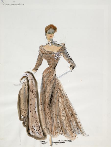 Costume sketch of a brown, lace evening gown with matching wrap created for Jessie Royce Landis in "To Catch a Thief" (Paramount 1955).

Watercolor and gouache wash over a graphite sketch on paper.  No signature or initials.