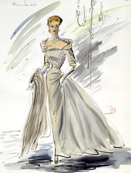 Costume sketch of a brown evening dress with matching wrap and elaborate jewelry created for Jesse Royce Landis in "To Catch a Thief" (Paramount, 1955). Watercolor and gouache wash over a graphite sketch on paper.