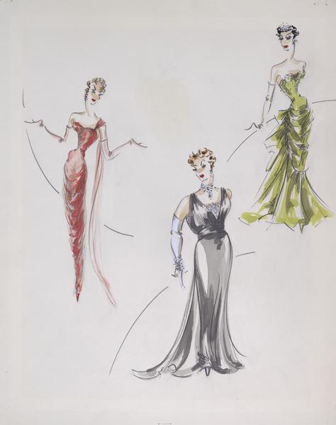 Costume sketch of three different evening gowns--red, green, and grey--for "To Catch a Thief" (Paramount, 1955).

Watercolor and gouache wash over a graphite sketch on paper.  No signature or initials.