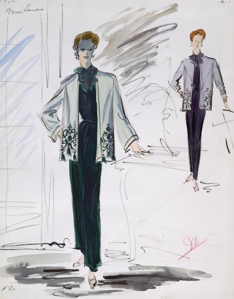 Costume sketch containing two versions of a pants suit with a large bow tie and a long sleeve jacket with detailing on the bottom; one version is green, the other purple.  This costume was created for Jessie Royce Landis in "To Catch a Thief" (Paramount, 1955).

Watercolor and gouache wash over a graphite sketch on paper.  Initialed by artist.