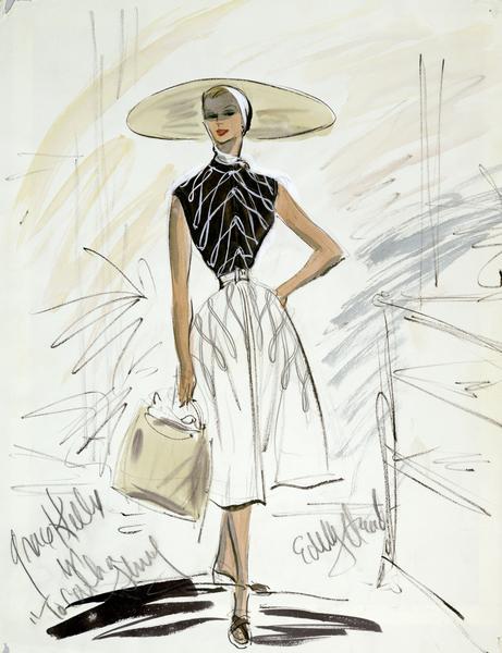 Costume sketch of a black sleeveless top and white skirt with detailing and a large hat with black and white scarf created for Grace Kelly in "To Catch a Thief" (Paramount, 1955).