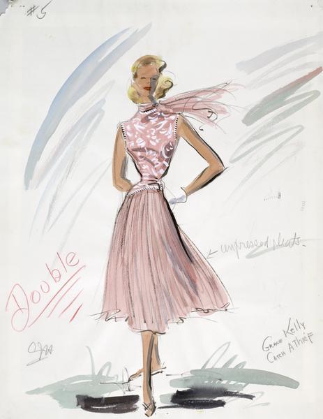 Costume sketch of a pink top with white detailing, a pink skirt, and a pink scarf created for Grace Kelly in "To Catch a Thief" (Paramount, 1955).

Watercolor and gouache wash over a graphite sketch on paper.  Initialed by artist.  Additional notes on sketch.  Approval information attached:  [Approved by producer and director Mr. Hitchcock.  Accessories:  shoes $30, hose $12, gloves $15, scarf $20, total cost $92.  Garment:  12 crepe $96, 10 chiff. $46, labor $281, embroidery $135, total cost $567.  Req. time to complete 12 days.  Production #11511.  Date 5-1-54.  For Miss Kelly.  Estimated cost:  garment $570, budget $475, accessories $90, budget $165, double $160, budget $225, total $820, budget $865.  Req. time to complete 12 days.]  Signed by Frank Caffey H.P.