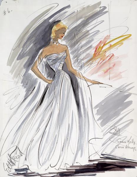 Costume sketch of a white evening gown created for Grace Kelly in "To Catch a Thief".