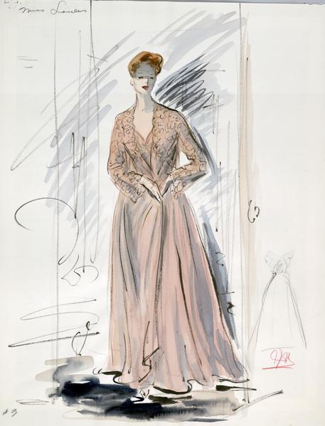Costume sketch of a pink nightgown with matching long-sleeved robe created for Jessie Royce Landis in "To Catch a Thief."