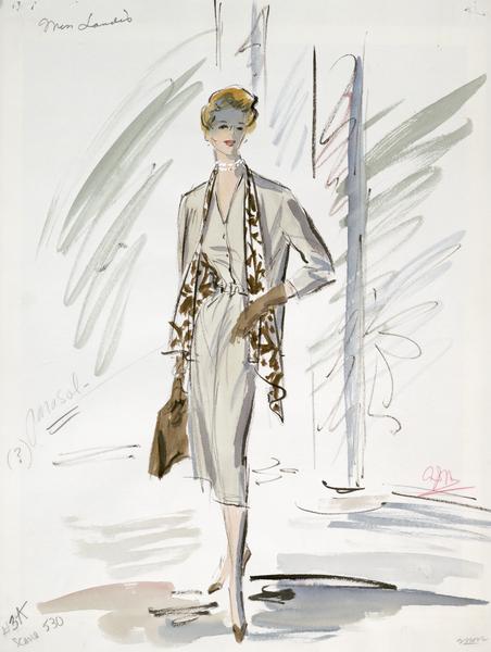 Costume sketch of a belted dress and matching jacket with brown print material trimming the lapel and lining created for Jessie Royce Landis in "To Catch a Thief".