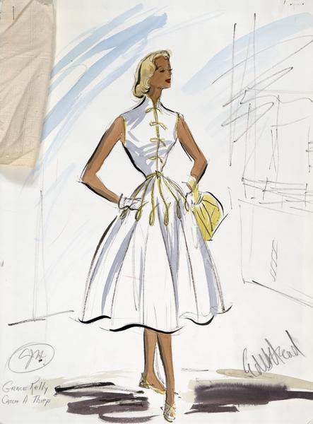 Costume sketch of a white dress with gold detailing created for Grace Kelly in "To Catch a Thief".