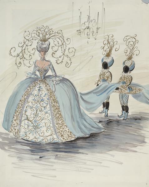 Costume sketch of a light blue ball gown with white, gold, and blue detailing, and an elaborate gold head piece.  Two boys in matching blue costumes and turbans are carrying the train.  This sketch was created for "To Catch a Thief".