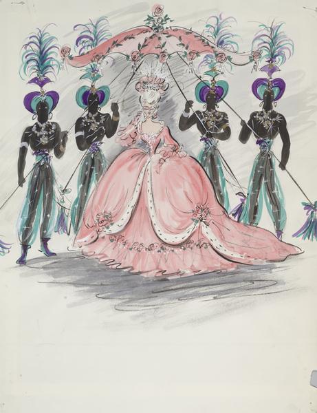Costume sketch of a pink ball gown with flower accents.  Holding a matching canopy above her head are four men wearing matching costumes and elaborate headdresses.  This sketch was created for "To Catch a Thief".
