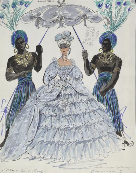 Costume sketch of a ruffled, blue ball gown. In addition, there are a pair of men dressed in striped pants with peacock plumed turbans.  This sketch was created for "To Catch a Thief".