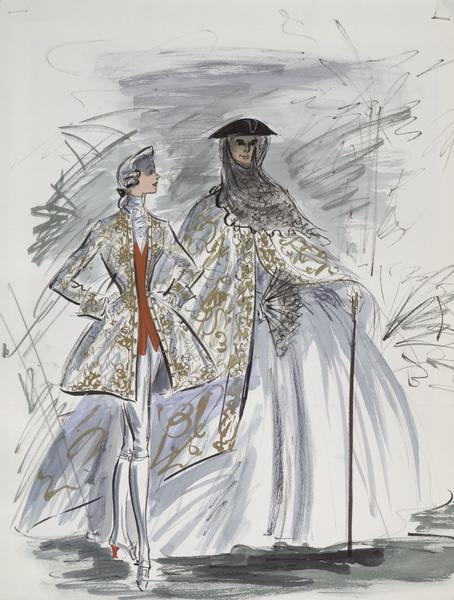 Costume sketch of a male, period costume with a red vest under a gold detailed jacket.  In addition, is a matching female, period ball gown with the same elaborate gold detail on the cape and hat.  This sketch was created for "To Catch a Thief".
