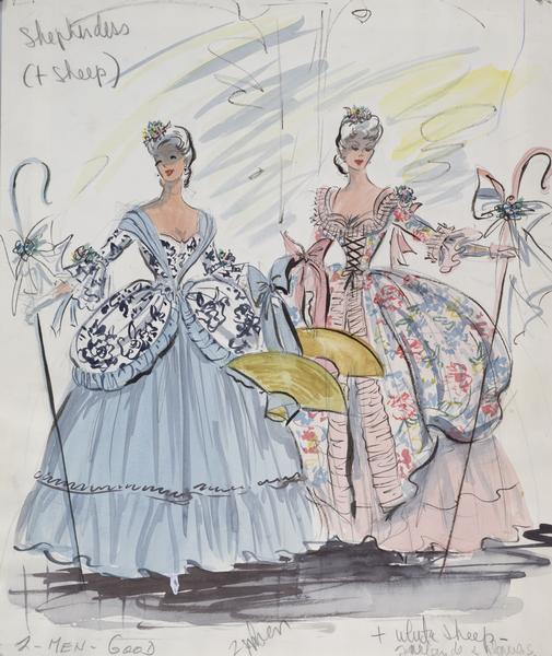 Costume sketch of two shepherdess costumes, one light blue with dark blue detailing and the other pink with multicolored detailing; each costume is drawn with a staff and hat.  This sketch was created for "To Catch a Thief".