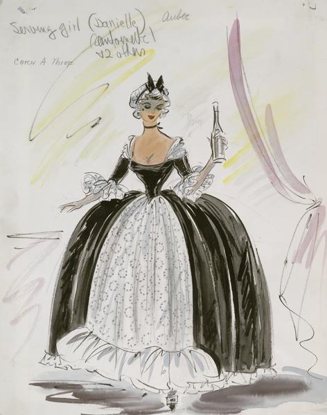 Costume sketch of a black ball gown with a white apron and trim created for "To Catch a Thief".