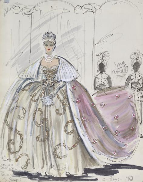 Costume sketch of a gold ball gown with a long, pink cape carried by two boys in costume.  This sketch was created for "To Catch a Thief".