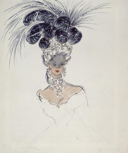 Costume sketch of a dark blue, plumed headress and jewelry created for Jess Royce Landis in "To Catch a Thief".