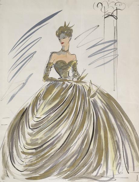 Costume sketch of a gold, masquerade ball gown created for Grace Kelly in "To Catch a Thief".