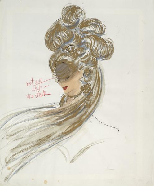 Costume sketch of a gold, plumed headdress with veil created for Grace Kelly in "To Catch a Thief".