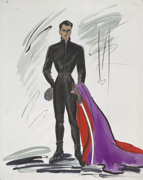 Costume sketch of a black, masquerade suit with a purple and red cloak created for Cary Grant and John Williams in "To Catch a Thief".