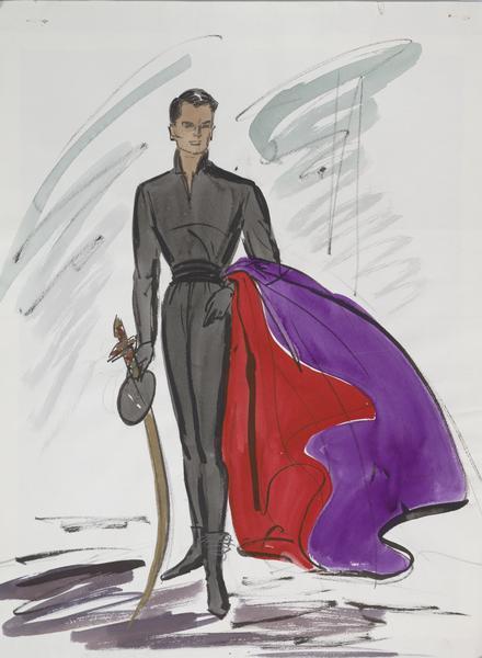Costume sketch of a black, masquerade suit with a purple and red cloak created for Cary Grant and John Williams in "To Catch a Thief".