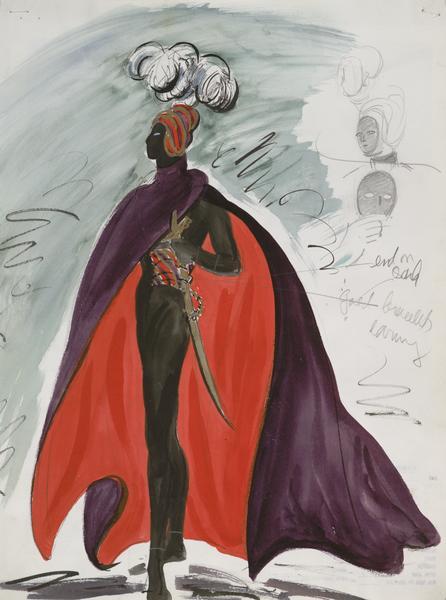 Costume sketch of a black, masquerade suit with a purple and red cloak and a purple, red, and gold turban with white plumes.  This sketch was created for Cary Grant in "To Catch a Thief".