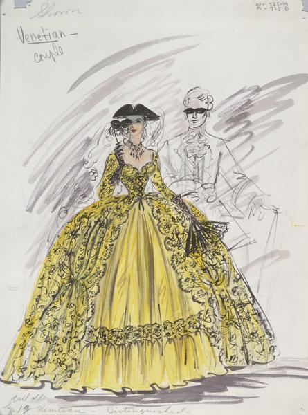 Costume sketch of a yellow, ball gown with black detailing and trim with a hand fan and mask.  There is an additional sketch of a man to the right.  This sketch was created for "To Catch a Thief".