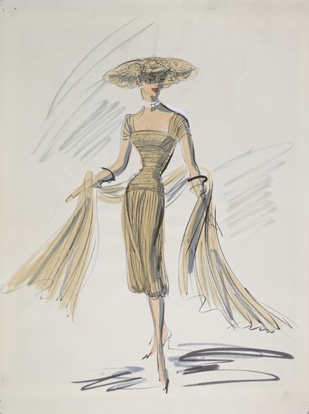 Costume sketch of a tan, lace and pleated dress with matching hat and wrap.