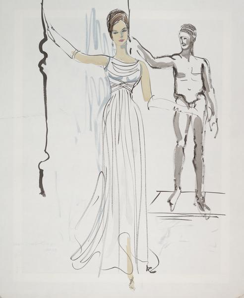 Costume sketch of a white, Grecian-like dress.