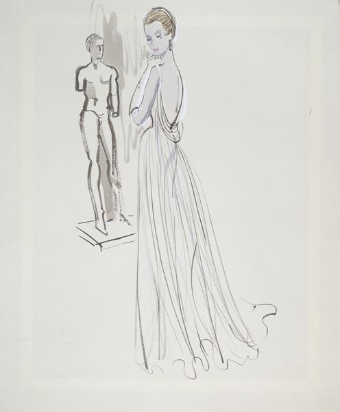 Costume sketch of the back of a white, Grecian-like dress.