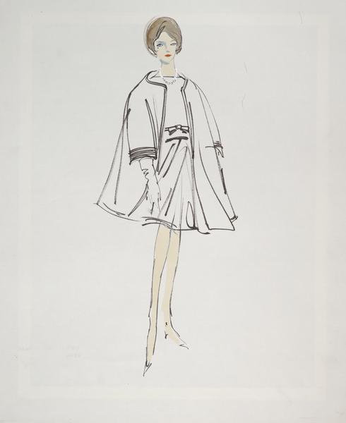 Costume sketch of a short sleeved dress with matching jacket.