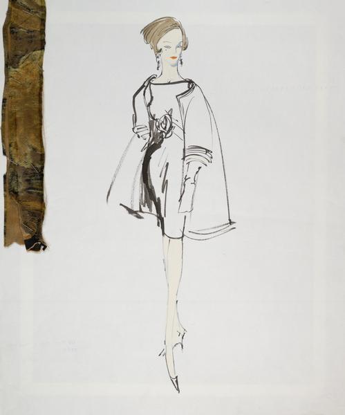 Costume sketch of a jacket and dress with a large flower on the belt.