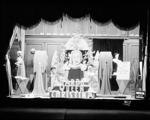 Greta Garbo display window at the Burdick & Murray store, 15-19 East Main Street. Garbo was appearing as Queen Cristina in the movie "Queen Christina" at the Orpheum Theatre.