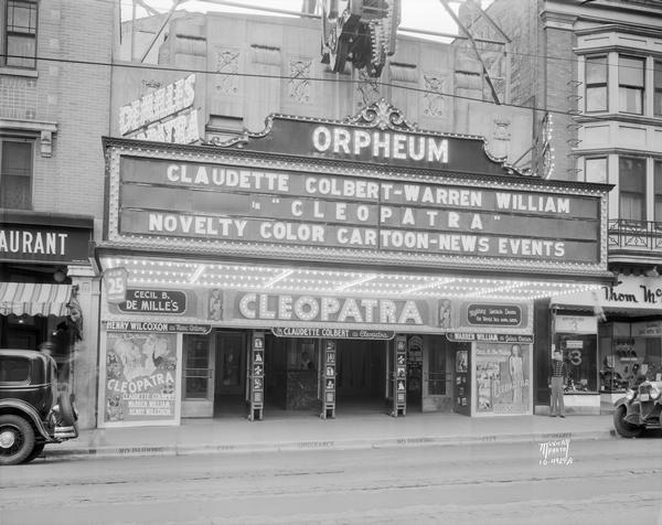 The Orpheum Theatre, 216 State Street, with marquee advertising "Cleopatra" with Claudette Colbert and Warren William.
