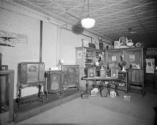 Connor Radio Company store interior, 2207 Atwood Avenue, featuring Crosley radios and a tin ceiling.