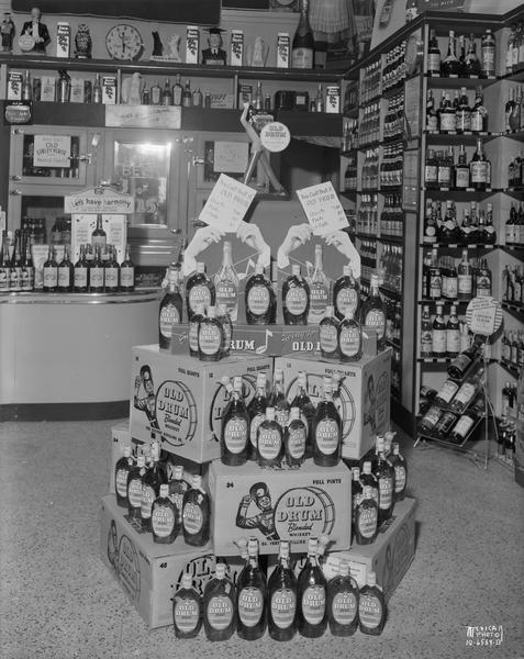 "Old Drum" whiskey display in C.J. Cashulette's Service Liquor Store.