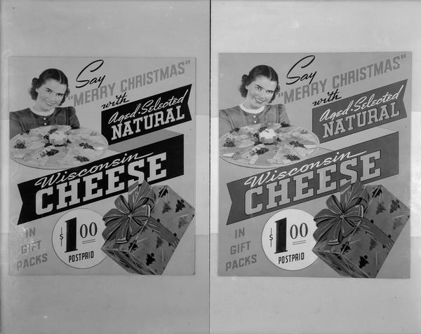 Cheese advertising poster - Woman holding cheese platter and the words "Say Merry Christmas with Aged Select Natural Wisconsin Cheese in gift packs $1.00 postpaid," taken for Archie Hurst's, mail order business.