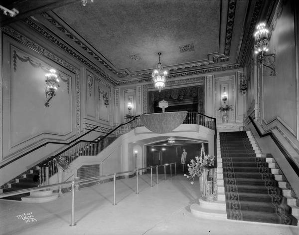 Foyer near the entrance showing staircase of the Orpheum Theatre at 216 State Street.