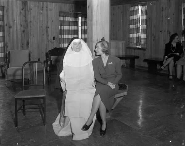 Actress Helen Hayes and Sister Marie Aileen Klein, Dean of Edgewood College, in the Pine Room.