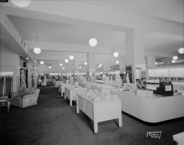 Wide angle view of women's lingerie department on the third floor of Manchester's, Inc., Department Store.