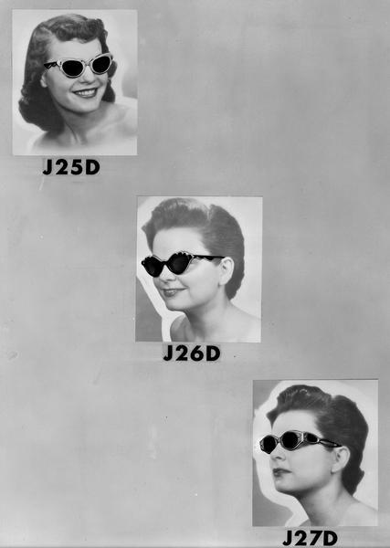 Advertising paste-up of three women wearing three different types of Willson Sunglasses: J25D, J26D, J27D.