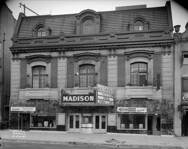 Refurbished facade of Madison Theatre, 111 Monona Avenue. The building includes the temporary quarters of Savidusky's Cleaners and Dyers.