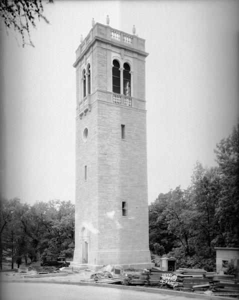 The Carillon Tower on the University of Wisconsin-Madison campus just after its completion. Construction debris surrounds the tower.