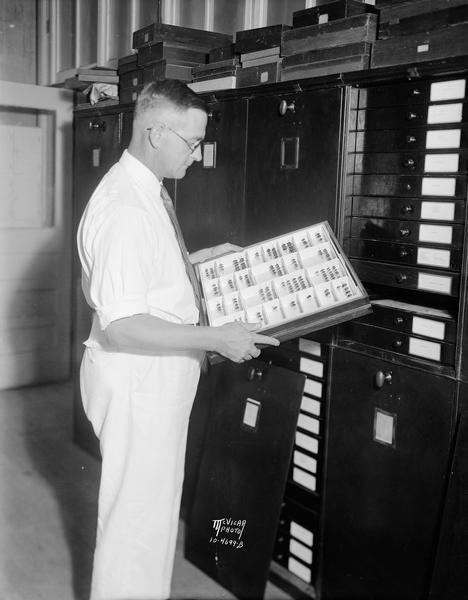 Charles Fluke, associate professor at the University of Wisconsin, examines a tray of insect specimens.