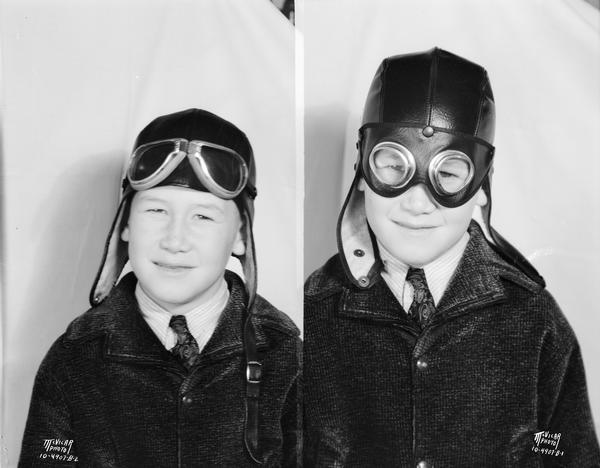 Two photographs on one negative of a boy wearing an airplane pilot's helmet and goggles. For Sportman Aviation & Model Airplanes. 
4907B-1 is the boy with goggles over his eyes.  
4907B-2 is the boy with goggles pushed up on the helmet.