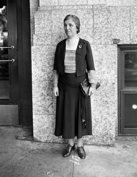 Portrait of Mrs. Margaret Wells Wood, speaker on "Petting Parties," at the Loraine Hotel. A lecturer and field worker for the American Social Hygiene Association of New York, she came to speak for the Congress of Parents and Teachers and the Madison Council of PTA.