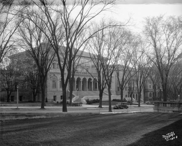 View of the University of Wisconsin Memorial Union at 800 Langdon Street, surrounded by bare trees.